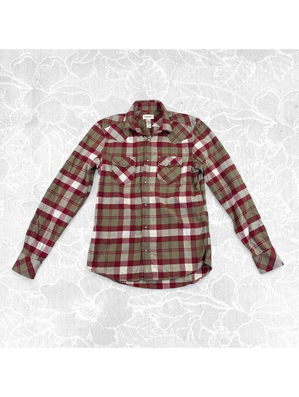 Diesel Vintage Red, White and Tan Plaid Button-Up Flannel - Large